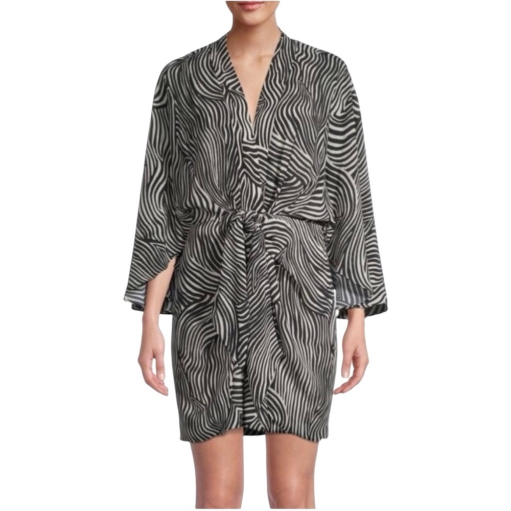 BAILEY 44 Kimono Sleeve Plunging Neck Zebra Print Mini Dress Black Cream Small